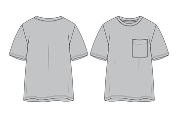 Naklejka premium Crew Neck T-Shirt with Pocket Technical Flat. Men's Basic Pocket Tee Vector Illustration. Grey Short Sleeve T-Shirt Apparel Template