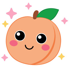 Obraz premium Joyful kawaii peach character radiating happiness with sparkling stars, perfect for children's content, food branding, and cheerful designs.