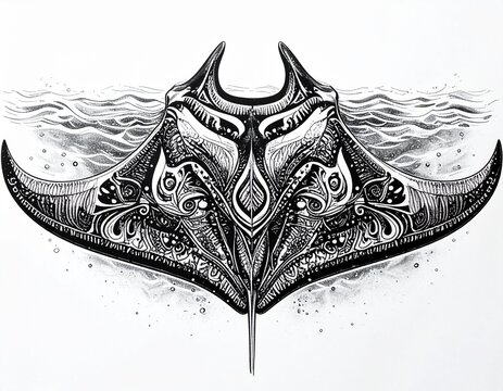 A detailed zentangle-style tattoo design of amanta ray The artwork feature intricate patterns, swirls, and geometric shapes