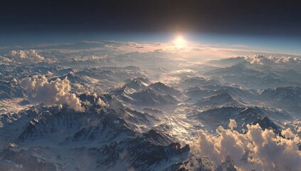 Panoramic sunrise over a vast, snow-capped mountain range piercing a sea of clouds, bathed in warm, golden light