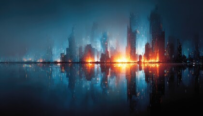 Naklejka premium Futuristic city skyline at night, reflected in calm water