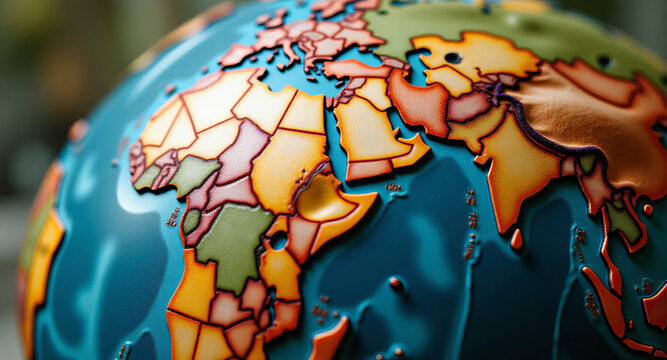 Colorful world globe showing continents and countries in bright daylight for school learning