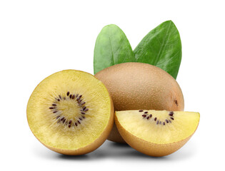 Fresh whole golden kiwi fruit and cut kiwi fruit to reveal juicy yellow flesh and seeds. isolated on white background.