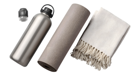 rolled yoga mat with water bottle and towel, wellness gear flat lay, white background
