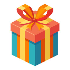 Obraz premium Vibrant isometric gift box with colorful stripes and a festive ribbon bow, perfect for celebrations, holidays, and surprise announcements, conveying joy and excitement