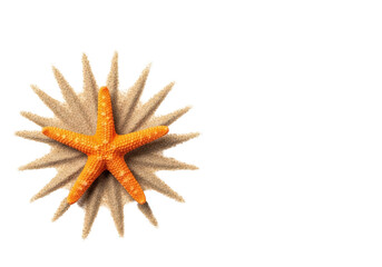 A vibrant orange five-armed decorative starfish, perfectly formed and clean, rests on sparse light brown sand against a bright white background with ample negative space on the right, summer beach