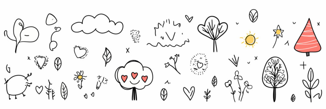 Hand drawn doodle line art set of whimsical trees flowers hearts clouds sun and birds with minimalist childlike sketch style vector illustration background