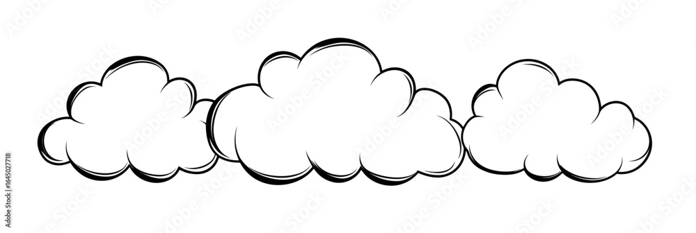 Wall mural black and white outline of three fluffy clouds in minimalist flat vector style with curved contour l