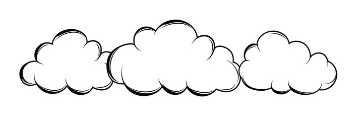 Black and white outline of three fluffy clouds in minimalist flat vector style with curved contour lines and simple design elements for weather or nature concepts illustration