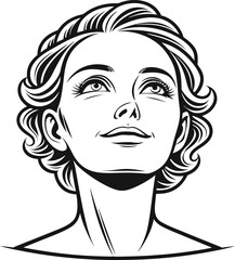 Elegant Black White Woman Portrait Illustration Looking Up Serene Face Design