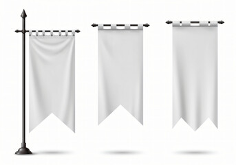 white pennant flags mock up, blank vertical banners on flagpole. Isolated medieval heraldic empty ensign templates