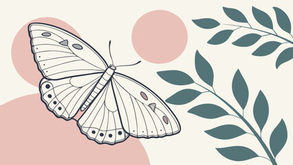 Beautiful butterfly outline drawing with leaves and circles vector illustration design