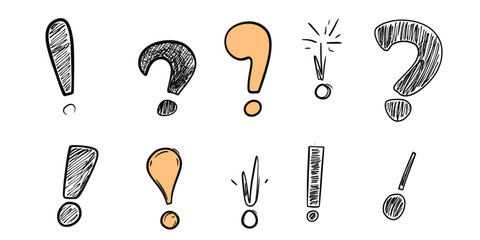 Hand drawn doodle exclamation points and question marks sketch set with scribble style isolated vector illustration in minimalist flat design