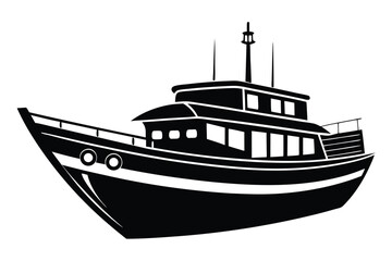 Sleek black fishing boat features detailed design with white accent stripes on white