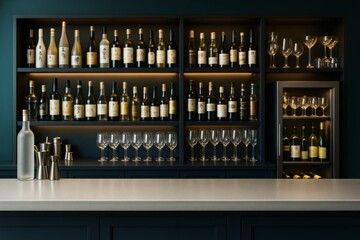 Elegant bar interior with assorted wine bottles and empty counter for mockup or branding design template with soft lighting and clean background.