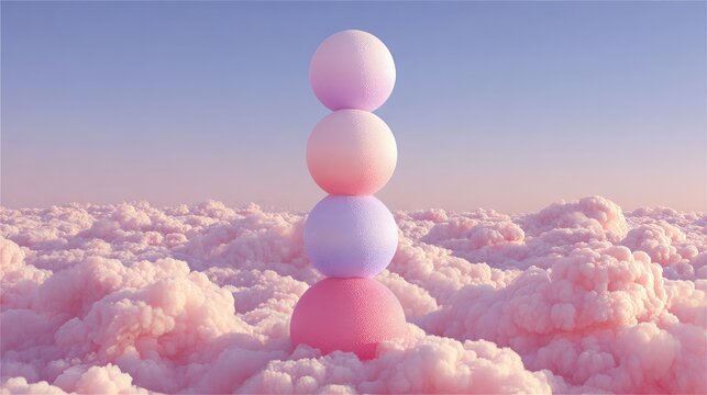 Pastel spheres balanced atop a fluffy pink cloud layer under a serene sky - Powered by Adobe