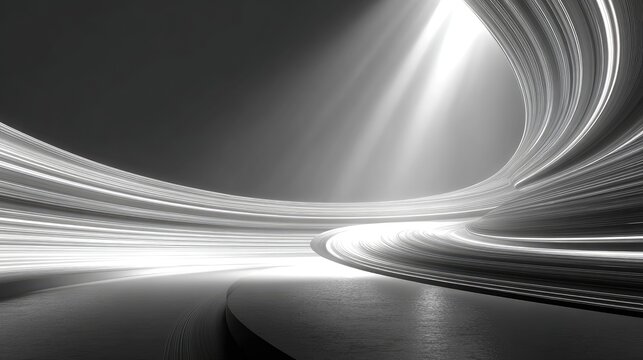 Abstract grayscale interior design.  Dynamic curves and light beams converge in a futuristic space.  Smooth, metallic surfaces create a sense of elegance and movement