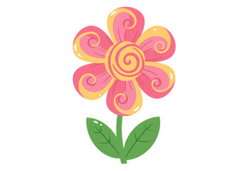 Stylized Pink and Orange Flower with Green Leaves on Black Background isolated on transparent background