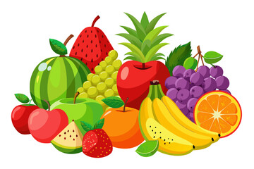 Vibrant assortment of fresh, colorful fruits including apples, bananas, grapes, oranges, strawberries, watermelon, and pineapple, perfect for healthy eating and summer themes.