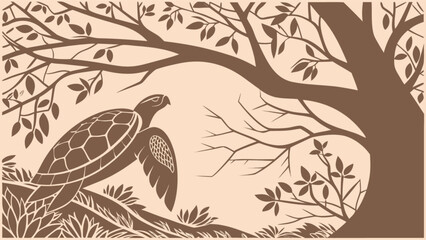 Sea turtle and tree branch vector illustration nature scene wildlife animal drawing graphic design art print 100