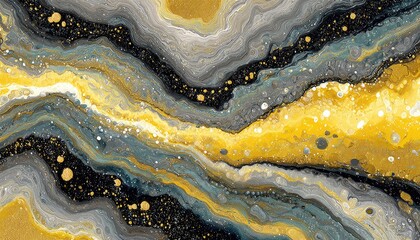 Abstract fluid art with wavy, flowing colors of gray, gold, and black