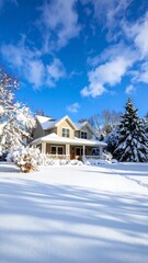 Two-story house, snow-covered yard, sunny winter day