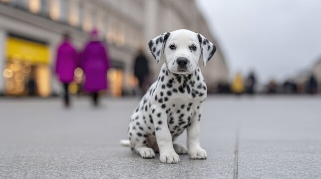 Young couple joyfully strolling hand in hand through a vibrant urban square on a sunny day in spring. National Walk Your Dog Week - Powered by Adobe