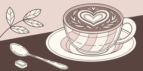 Delicious latte art heart design in a coffee cup, perfect for cafe menus, food blogs, and romantic settings.
