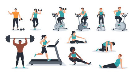 Diverse individuals engaged in various fitness activities, including weightlifting, cardio, and stretching, promoting a healthy and active lifestyle.
