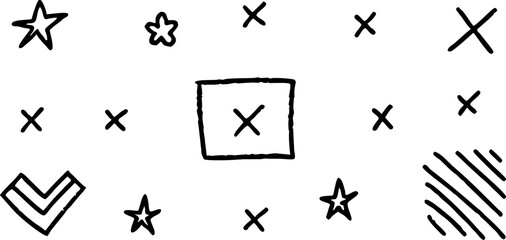 Hand-drawn doodle elements with stars, crosses, and shapes, perfect for modern design projects and creative concepts