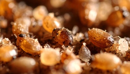 Macro capture of developing insect pupae or larvae within a granular substrate, illustrating the hidden, intricate biological world and early life stages.