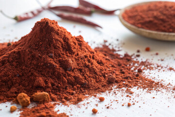 Vibrant pile of red chili powder with dried chilies in the background