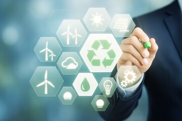 Businessman touching floating hexagonal icons of renewable energy, recycling, and eco-friendly technology on abstract light blue background.