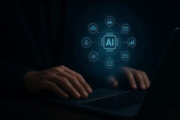 Person typing on laptop with AI technology network diagram glowing above artificial intelligence