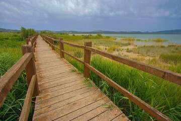 Wooden path in the Nature park Vrana lake (Vransko jezero), Crkvine, Dalmatia, Croatia