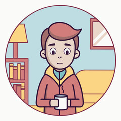 Illustration of a Young Man Feeling Sick and Holding a Hot Beverage in His Home
