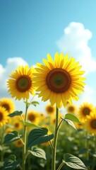 Fototapeta premium Sunflowers in field with blue sky