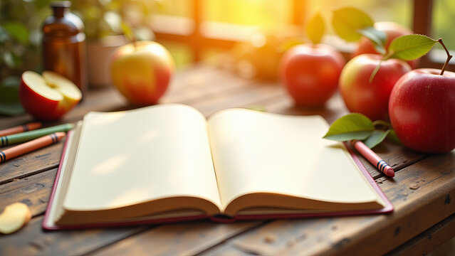 Open book with fresh apples on table for school reading lesson