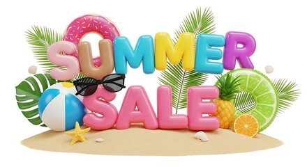 Colorful Summer Sale 3D background with beach elements and tropical vibes