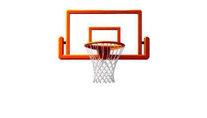 Bright orange basketball and white net hanging down, isolated on white background