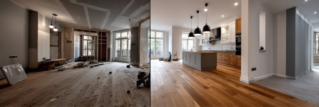 There is a before and after picture showcasing a living rooms transformation