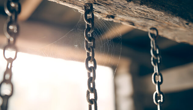 Chains hanging in basement with a spider web nearby