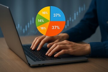 Person typing on laptop with updated pie chart and stock market graph overlay hands keyboard