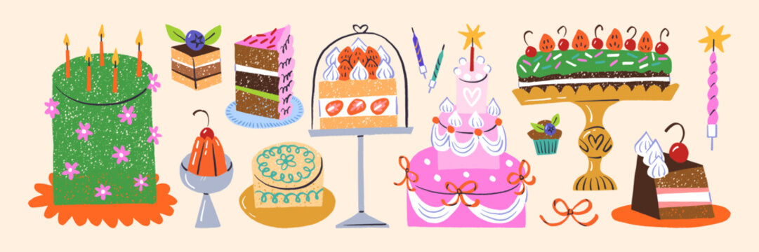 Set of different pieces of cakes. Various cheesecakes, chocolate pie and cupcakes decorated with berries, fruit, cream and birthday candles. Slices of dessert, food. Flat isolated vector illustrations