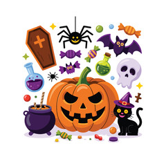 Colorful Happy Halloween Illustration with Pumpkin, Black Cat, Ghost, Witch Hat, and Spooky Elements
