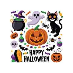 Colorful Happy Halloween Illustration with Pumpkin, Black Cat, Ghost, Witch Hat, and Spooky Elements