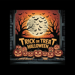 Trick or Treat Halloween Scene with Jack-o'-Lanterns, Full Moon, Bats, and Spooky Trees