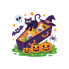 Colorful Happy Halloween Illustration with Pumpkin, Black Cat, Ghost, Witch Hat, and Spooky Elements