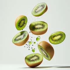 Fototapeta premium Premium photo of kiwi falling, isolated on a white background, highlighting the fresh and natural appeal of the fruit, Generative AI