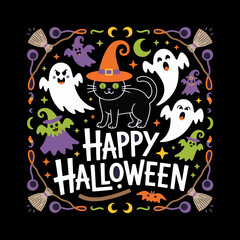 Cute Happy Halloween Illustration with Black Cat, Ghosts, Witches and Brooms